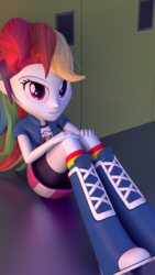 Size: 2560x4551 | Tagged: safe, artist:creatorofpony, artist:thespahthatspies, rainbow dash, equestria girls, g4, 3d, 3d model, blender, boots, canterlot high, clothes, compression shorts, cute, dashabetes, female, high res, leaning, lockers, shorts, sitting, skirt, smiling, socks, solo