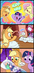 Size: 807x1700 | Tagged: safe, artist:madmax, edit, editor:liggliluff, applejack, fluttershy, princess celestia, twilight sparkle, alicorn, pony, g4, body pillow, comic, female, funny, golden oaks library, lesbian, magic, mare, pillow, pillow fight, ship:twilestia, shipping, sleepover, sweat, swedish, translation, twilight sparkle (alicorn)