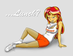 Size: 1280x992 | Tagged: safe, artist:ashley_urikoshima, sunset shimmer, human, equestria girls, g4, bedroom eyes, blushing, breasts, busty sunset shimmer, cleavage, clothes, female, fetish, gray background, hooters, looking at you, pantyhose, pinup, shirt, shoes, shorts, simple background, sneakers, sneakers fetish, socks, solo, stockings
