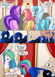 Size: 955x1351 | Tagged: safe, artist:mysticalpha, amethyst star, dizzy twister, linky, orange swirl, princess celestia, princess luna, shoeshine, sparkler, alicorn, earth pony, pony, unicorn, comic:day in the lives of the royal sisters, g4, butt, comic, crown, cute, cutelestia, dialogue, dock, eyes closed, face down ass up, featureless crotch, female, horseshoes, jewelry, lunabetes, magic, mare, open mouth, peytral, pictogram, plot, regalia, royal sisters, sleeping, speech bubble, tail pull, telekinesis, wide eyes, wump, z, zzz
