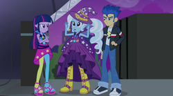 Size: 1280x714 | Tagged: safe, screencap, flash sentry, trixie, twilight sparkle, equestria girls, g4, my little pony equestria girls: rainbow rocks, :o, flash sentry is not amused, frown, glare, inconvenient trixie, shipping denied, trio, twilight sparkle (alicorn), twilight sparkle is not amused, unamused, wide eyes