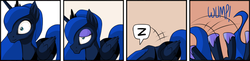 Size: 942x229 | Tagged: safe, artist:mysticalpha, princess luna, alicorn, pony, comic:day in the lives of the royal sisters, g4, comic, crown, falling over, female, horseshoes, jewelry, mare, peytral, pictogram, reaction image, regalia, sleeping, sleepy, speech bubble, tired, wide eyes, wump, z