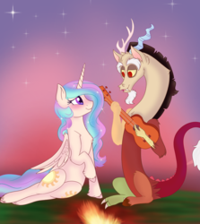 Size: 1250x1400 | Tagged: safe, artist:pigzfairy, discord, princess celestia, g4, both cutie marks, campfire, female, guitar, male, ship:dislestia, shipping, straight, twilight (astronomy), unshorn fetlocks