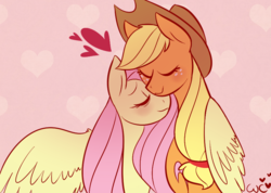 Size: 756x538 | Tagged: safe, artist:waackery, applejack, fluttershy, g4, eyes closed, female, heart, hug, lesbian, neck nuzzle, nuzzling, ship:appleshy, shipping, winghug