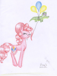 Size: 2392x3184 | Tagged: safe, artist:gree3, gummy, pinkie pie, g4, balloon, high res, pronking, traditional art