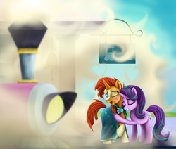 Size: 3089x2625 | Tagged: safe, artist:athos01, starlight glimmer, sunburst, pony, unicorn, g4, duo, eyes closed, female, happy, high res, kiss mark, male, mare, open mouth, ship:starburst, shipping, smiling, stallion, straight, train, train station
