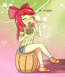 Size: 2900x3472 | Tagged: safe, artist:sumin6301, apple bloom, equestria girls, g4, adorabloom, apple bloom's bow, barrel, bow, chopsticks, clothes, crossed legs, cute, eating, eyes closed, female, food, hair bow, high res, korean, noodles, shoes, shorts, sitting, sneakers, socks, solo, translated in the comments