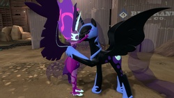 Size: 1360x768 | Tagged: safe, artist:mk513, nightmare moon, sci-twi, twilight sparkle, human, pony, equestria girls, g4, 3d, female, gmod, human on pony action, interspecies, kissing, lesbian, midnight sparkle, midnightmare, ship:twimoon, shipping