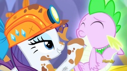 Size: 1499x839 | Tagged: safe, screencap, rarity, spike, g4, gauntlet of fire, chin scratch, dirt, dirty, discovery family logo, glowing, helmet, mining helmet