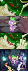 Size: 466x1192 | Tagged: safe, artist:pixelkitties, prominence, rarity, spike, dragon, g4, gauntlet of fire, bedroom eyes, bloodstone scepter, crown, dragon ball, dragon ball z, dragon lord spike, dragoness, element of generosity, frown, gem, glare, gold, grin, jewelry, king, porunga, smiling, throne