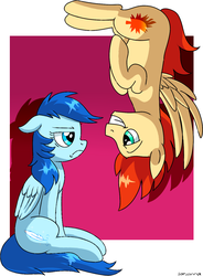 Size: 994x1353 | Tagged: safe, oc, oc only, oc:flare fall, oc:sky feather, pegasus, pony, female, frown, male, mare, stallion, stare, upside down