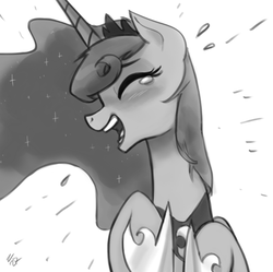 Size: 743x741 | Tagged: safe, artist:ehfa, princess luna, alicorn, pony, g4, crown, crying, ethereal mane, eyes closed, female, jewelry, laughing, mare, monochrome, open mouth, regalia, simple background, solo, tears of laughter, teary eyes, white background