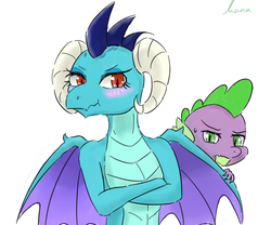 Size: 1200x1000 | Tagged: safe, artist:kanaowo, princess ember, spike, dragon, g4, gauntlet of fire, female, male, my little sister can't be this cute, scrunchy face, ship:emberspike, shipping, straight, tsundember, tsundere