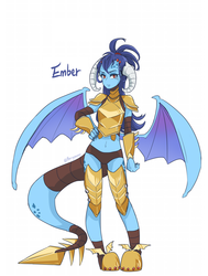 Size: 1040x1373 | Tagged: safe, artist:buryooooo, princess ember, dragon, human, g4, gauntlet of fire, armor, belly button, dragon armor, female, humanized, looking at you, simple background, solo, spread wings, tail, tailed humanization, unconvincing armor, white background, winged humanization