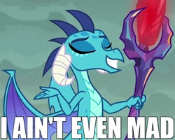 Size: 625x500 | Tagged: safe, screencap, princess ember, dragon, g4, gauntlet of fire, bloodstone scepter, caption, dragon lord ember, eyes closed, female, grin, i ain't even mad, image macro, meme, reaction image, solo