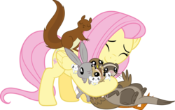 Size: 4000x2522 | Tagged: safe, artist:vulthuryol00, fluttershy, chipmunk, duck, ferret, mouse, pegasus, pony, rabbit, squirrel, g4, the hooffields and mccolts, .svg available, animal, cute, hug, shyabetes, simple background, transparent background, vector
