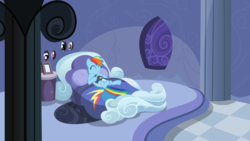 Size: 1920x1080 | Tagged: safe, edit, edited screencap, screencap, rainbow dash, rarity, twilight sparkle, alicorn, pony, g4, gauntlet of fire, read it and weep, bedroom, female, image macro, lying down, mare, meme, on back, rainbow dash's bedroom, rainbow dash's house, twilight sparkle (alicorn), voyeurism, when you see it