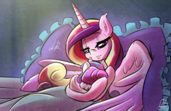 Size: 1248x811 | Tagged: safe, artist:light262, princess cadance, princess flurry heart, alicorn, pony, g4, baby, baby blanket, baby flurry heart, baby pony, bed, cradling, cradling a baby, cute, duo, female, heartwarming, holding a baby, holding a pony, lidded eyes, mama cadence, mother and child, mother and daughter, newborn, newborn flurry heart, newborn foal, pillow, signature, sleepy eyes, smiling, swaddled baby