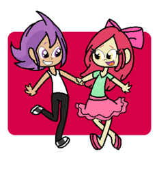 Size: 386x414 | Tagged: safe, artist:obeliskgirljohanny, apple bloom, tender taps, human, g4, on your marks, clothes, dancing, humanized, looking at each other, skirt, smiling, tank top