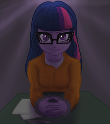Size: 800x900 | Tagged: safe, artist:kul, sci-twi, twilight sparkle, equestria girls, g4, alternate hairstyle, breasts, clothes, counterparts, cuffs, female, gendo pose, glasses, loose hair, prison outfit, prisoner, prisoner ts, shirt, solo, sunset's counterparts, undershirt
