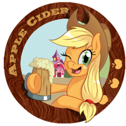 Size: 600x600 | Tagged: safe, artist:dsc-the-artist, applejack, g4, alcohol, cider, female, muf, solo, wink