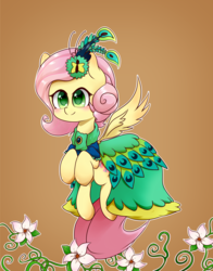 Size: 6600x8400 | Tagged: safe, artist:luxaestas, fluttershy, g4, absurd resolution, clothes, dress, female, flying, gala dress, peacock feathers, solo