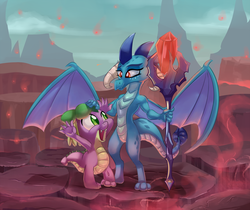 Size: 4000x3365 | Tagged: safe, artist:discorded, princess ember, spike, dragon, g4, gauntlet of fire, armpits, bloodstone scepter, dragon lord ember, female, male, open mouth, scene interpretation