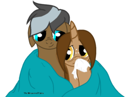 Size: 810x614 | Tagged: safe, artist:imborednstuff, oc, oc only, oc:cookie dough, oc:silver shore, blanket, cuddling, handkerchief, nose blowing, sick, snuggling, tissue