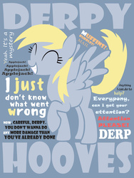 Size: 774x1032 | Tagged: safe, artist:tredcaptain, derpy hooves, pegasus, pony, g4, ^^, cover, eyes closed, female, i just don't know what went wrong, mare, missing cutie mark, raised hoof, smiling, spread wings, text, wings