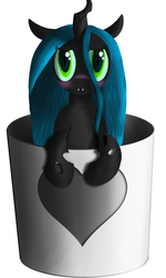 Size: 600x1000 | Tagged: dead source, safe, artist:halcyonain-arts, queen chrysalis, changeling, changeling queen, g4, blushing, cup of pony, female, micro, solo