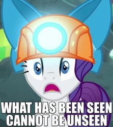 Size: 480x540 | Tagged: safe, screencap, rarity, g4, gauntlet of fire, bow, cannot unsee, caption, female, helmet, image macro, looking at you, meme, mining helmet, open mouth, reaction image, shocked, solo, surprised
