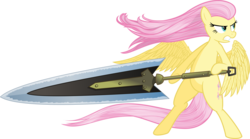 Size: 7206x4000 | Tagged: safe, artist:vulthuryol00, fluttershy, g4, dexterous hooves, female, greatsword, monster hunter, simple background, solo, spread wings, sword, transparent background, vector, weapon