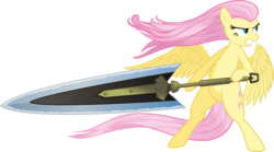 Size: 7206x4000 | Tagged: safe, artist:vulthuryol00, fluttershy, pegasus, pony, g4, belly, bipedal, dexterous hooves, female, greatsword, monster hunter, simple background, solo, spread wings, sword, transparent background, vector, weapon