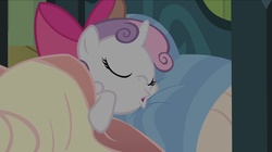 Size: 2048x1143 | Tagged: safe, screencap, sweetie belle, g4, somepony to watch over me, apple bloom's bow, bow, hair bow, sassy, sleeping, snoring, solo