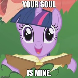 Size: 500x500 | Tagged: safe, edit, edited screencap, screencap, twilight sparkle, pony, unicorn, g4, look before you sleep, book, cropped, female, golden oaks library, image macro, mare, meme, mortal kombat, solo, text, unicorn twilight, your soul is mine