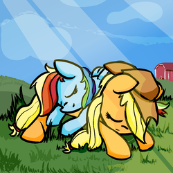 Size: 1050x1050 | Tagged: safe, artist:davierocket, applejack, rainbow dash, g4, barn, female, grass, hat, lesbian, ship:appledash, shipping, sleep pile, sleeping, sunlight