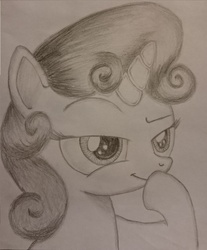 Size: 2159x2612 | Tagged: safe, artist:kaczor1121, sweetie belle, for whom the sweetie belle toils, g4, bust, female, high res, monochrome, portrait, scheming belle, sketch, solo, traditional art