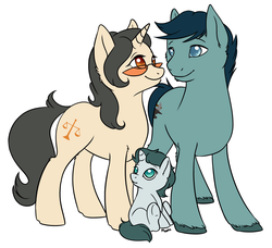 Size: 2154x1968 | Tagged: safe, artist:floots, oc, oc only, oc:amber scales, oc:aquaria lance, oc:iron forge, earth pony, pony, unicorn, fallout equestria, family, foal, love, male, stallion