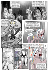 Size: 1309x1920 | Tagged: safe, artist:pencils, discord, maud pie, oc, oc:anon, oc:papyra maroon, draconequus, dragon, earth pony, human, pony, comic:anon's pie adventure, g4, ancient humans, backstory, barefoot, bracer, comic, feet, female, filly, human male, male, mare