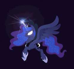 Size: 962x900 | Tagged: safe, artist:equum_amici, artist:hexfloog, princess luna, alicorn, pony, g4, animated, cinemagraph, cutie mark, female, glowing eyes, glowing horn, horn, jewelry, magic, regalia, simple background, solo, spread wings, wings
