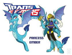 Size: 3300x2550 | Tagged: safe, artist:inspectornills, princess ember, dragon, robot, g4, gauntlet of fire, crossover, high res, predacon, ripclaw, simple background, transformares, transformerfied, transformers, transformers animated, white background