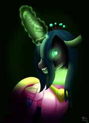 Size: 2885x4000 | Tagged: safe, artist:digiko-kagami, queen chrysalis, changeling, changeling queen, g4, character to character, crown, disguise, disguised changeling, evil smile, fake cadance, female, glowing eyes, glowing horn, horn, jewelry, regalia, solo, speedpaint, transformation