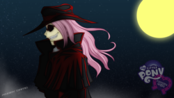 Size: 2560x1440 | Tagged: safe, artist:ngrycritic, fluttershy, equestria girls, g4, alucard, alushy, badass, clothes, crossover, fangs, flutterbadass, hat, hellsing, night sky, stars, style emulation, uotapo-ish