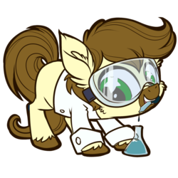 Size: 894x894 | Tagged: safe, artist:jadedjynx, oc, oc only, oc:calpain, calpain, chibi, cute, erlenmeyer flask, fluffy, goggles, mouth hold, science, simple background, smiling, solo, transparent background
