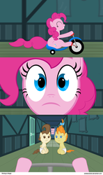 Size: 750x1271 | Tagged: safe, artist:solidsnake56, pinkie pie, pound cake, pumpkin cake, g4, cake twins, foal, the shining, tricycle