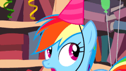 Size: 640x360 | Tagged: safe, screencap, rainbow dash, pegasus, pony, daring don't, g4, season 4, animated, book, female, frown, gif, golden oaks library, grin, hat, mare, national random holiday party day, open mouth, open smile, party hat, smiling, solo, talking, teeth
