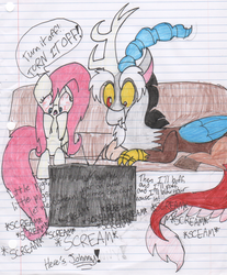 Size: 1223x1477 | Tagged: safe, artist:aleberie, discord, fluttershy, draconequus, pegasus, pony, g4, bloodshot eyes, couch, female, male, mare, sitting, television, the shining, traditional art