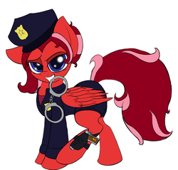 Size: 818x783 | Tagged: safe, artist:k-kopp, oc, oc only, oc:adena emberheart, clothes, cuffs, gun, police, police officer, weapon