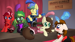 Size: 1280x720 | Tagged: safe, artist:k-kopp, oc, oc only, oc:adena emberheart, oc:bartender, oc:candy apple, oc:coconut cake, oc:jaded nights, bat pony, pony, clothes, dress, guitar, showgirl, stockings