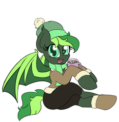 Size: 1280x1313 | Tagged: safe, artist:k-kopp, oc, oc only, oc:jaded nights, bat pony, pony, chocolate, clothes, food, hot chocolate, scarf, solo, winter outfit